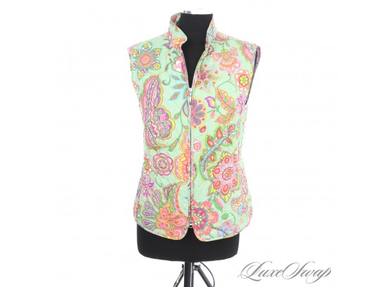 NEAR MINT AND SUPER VIBRANT ESCADA SPORT MINT GREEN PSYCHEDELIC FLORAL VERTICAL QUILTED GILET VEST 44