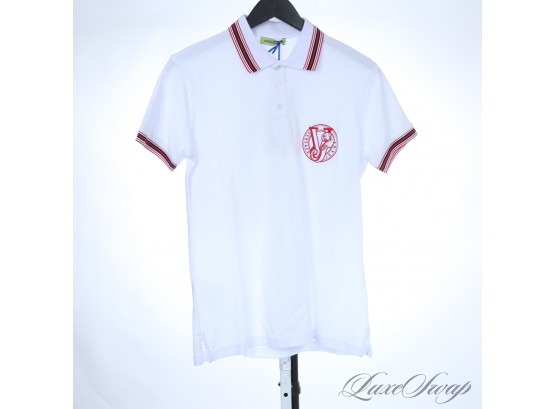 BRAND NEW WITH TAGS MENS VERSACE JEANS WHITE PIQUE COTTON RED TRIMMED GOTHIC V LOGO POLO SHIRT XS