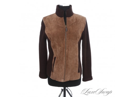 WINTER PERFECT RALPH LAUREN CHOCOLATE CASHMERE ANGORA BLEND KNIT AND CARAMEL SUEDE WOMENS JACKET L