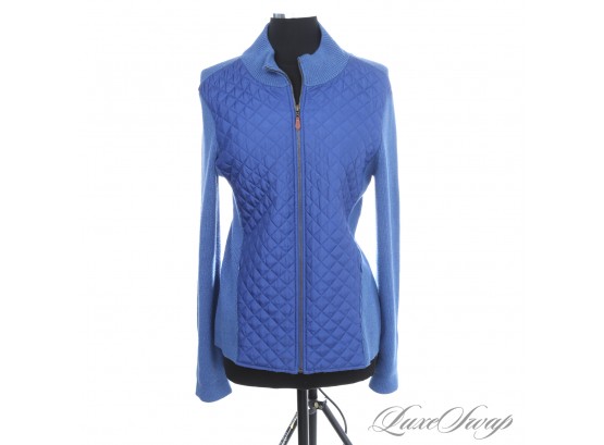 NEAR MINT J. MCLAUGHLIN RICH OCEAN BLUE PURE SILK FRONT QUILTED AND KNIT ZIP UP SWEATER JACKET L