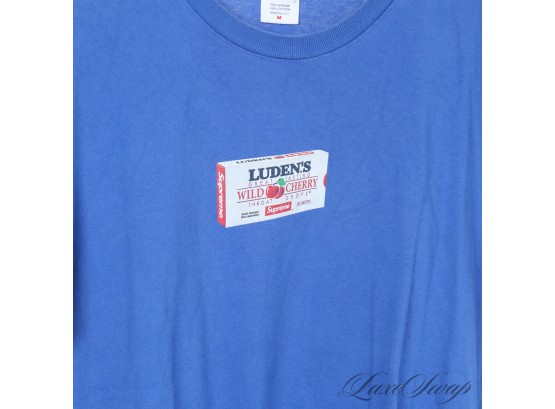 AUTHENTIC SUPREME NEW YORK MADE IN USA MENS ROYAL BLUE TEE SHIRT WITH LUDENS COUGH DROP BOX LOGO M