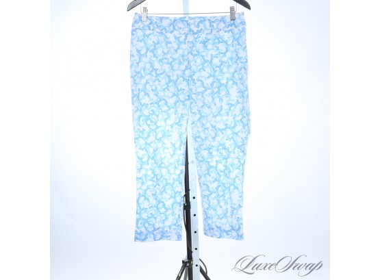 VACATION READY! J. MCLAUGHLIN WHITE AND SKY BLUE ALLOVER CORAL PRINT TAPERED LEG UNLINED PANTS 6