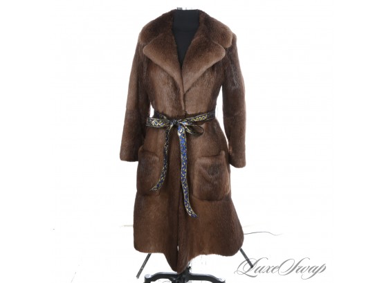 AN ABSOLUTE BEAUTY! FANTASTIC CONDITION VINTAGE GENUINE FUR AND SUEDE LEATHER UNSTRUCTURED LONG COAT WOW!