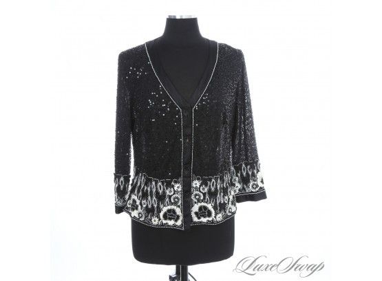 THE WORKMANSHIP ON THIS IS 10/10 - EXCEPTIONAL ESCADA BLACK AND WHITE FLORAL TRIM FULLY EMBROIDERED JACKET 42