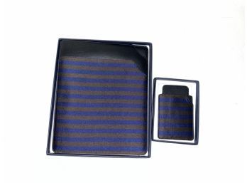 GIFT PACK BRAND NEW EMME MADE IN ITALY LEATHER & SILK ALTERNATING BROWN & BLUE STRIPE IPAD & PHONE COVER