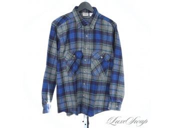 ROCK SOLID! VINTAGE MENS FIVE BROTHER HEAVYWEIGHT BRUSHED FLANNEL BLUE GREY TARTAN CHORE SHIRT L