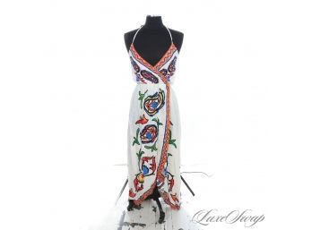 BRAND NEW WITHOUT TAGS FLYING TOMATO UNLINED WHITE EMPIRE WAIST MAXI BAROCCO PRINT HALTER DRESS M