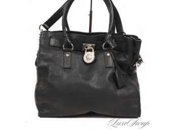 #28 A HUGE AND PRETTY FREAKING AWESOME MICHAEL KORS BLACK GRAINED LEATHER SLOUCHY TOTE BAG W/SILVER CHAIN