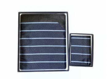 GIFT PACK BRAND NEW EMME MADE IN ITALY LEATHER & SILK LIGHT BLUE STRIPE IPAD COVER & WALLET