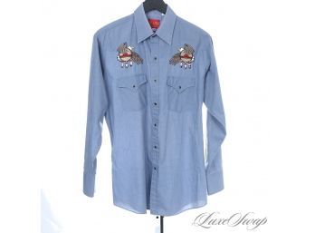 VINTAGE MENS PLAINS WESTERN WEAR BLUE CHAMBRAY DOUBLE EAGLE DREAMCATCHER EMBROIDERED SHIRT M