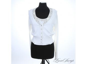 NEAR MINT AND EXCEPTIONAL ESCADA WHITE DRAPED STRETCH 2 PIECE CARDIGAN TWINSET WITH CRYSTAL EMBROIDERY 42