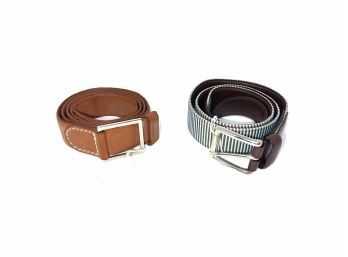 MENS LOT OF 2 BRAND NEW BROWN SADDLE LEATHER & BLUE STRIPED CANVAS MADE IN ITALY BRASS BUCKLE BELTS SIZE 36/38