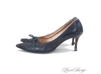 HARD TO FIND! MANOLO BLAHNIK NAVY BLUE LEATHER AND CREPE BOW FRONT PUMPS SHOES 37.5