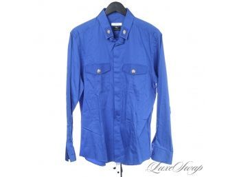 KILLER MENS VERSACE COLLECTION BRIGHT PEACOCK BLUE TREND FIT BUTTON DOWN SHIRT WITH GOLD WESTERN STARS 17.5