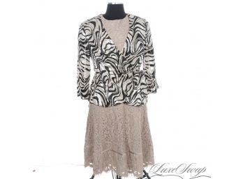 BRAND NEW WITHOUT TAGS 2 PIECE ENSEMBLE BY ALEX EVENINGS CHAMPAGNE LACE DRESS AND TIGER PRINT BOLERO S