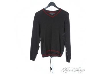 AUTHENTIC VERSACE MADE IN ITALY MENS GREY STRETCH WOOL V-NECK SWEATER WITH RED GREEK KEY NECKLINE