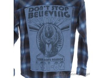 STREETLIGHTS. PEOPLE. (SING IT!) WOMENS BLUE/BROWN FLANNEL SHIRT WITH JOURNEY DONT STOP BELIEVING PATCH!