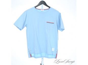THE ONE EVERYONE WANTS! MENS THOM BROWNE MADE IN ITALY SKY BLUE RED/WHITE/BLUE STRIPE TRIM TEE SHIRT 3