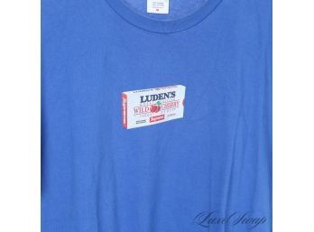 AUTHENTIC SUPREME NEW YORK MADE IN USA MENS ROYAL BLUE TEE SHIRT WITH LUDENS COUGH DROP BOX LOGO M