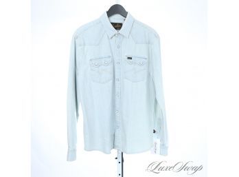 THESE ARE THE BEST! RECENT MENS HOWLER BROTHERS PALE LIGHT DENIM SAWTOOTH PEARL SNAP BUTTON WESTERN SHIRT