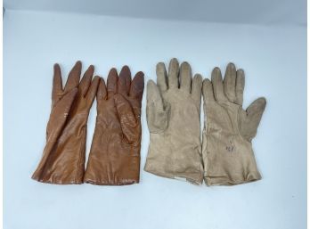 THE BEST!! WOMENS LOT OF 2 PAIRS OF GENUINE LEATHER CASHMERE-LINED GLOVES IN BROWN & TAN LEATHER 7 / 7.5