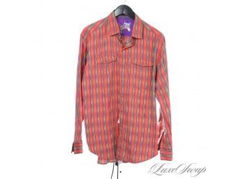 BLAZING HOT MENS ROBERT GRAHAM CORAL AND GREEN COLORBLOCK DASHED FLIP CUFF BUTTON DOWN SHIRT