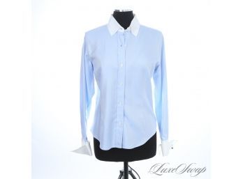 THE GOOD STUFF! SAKS FIFTH AVENUE MADE IN IRELAND (!) SKY BLUE SATEEN RIBBED CONTRAST CLR WOMENS SHIRT 12