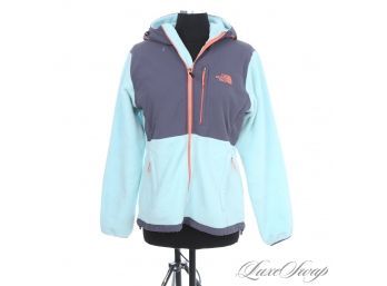 MODERN AND AWESOME THE NORTH FACE WOMENS POWDER BLUE AND ANTHRACITE ORANGE TRIM FLEECE JACKET L