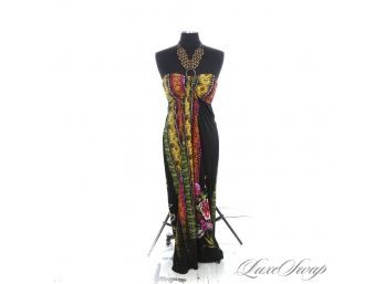 BRAND NEW WITHOUT TAGS NINETY MICROFIBER STRETCH TRIBAL PRINT HALTER DRESS WITH BEADED NECKLINE M
