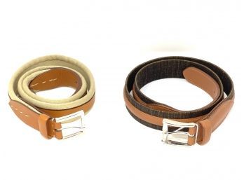 MENS LOT OF BROWN CANVAS LEATHER & SAND CANVAS LEATHER MADE IN ITALY BRASS BUCKLE BELTS SIZE 36