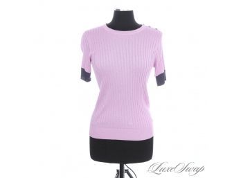 RECENT AND BEAUTIFUL ST. JOHN PINK INFUSED LAVENDER RIBBED NAVY TRIM SHORT SLEEVE KNIT SHIRT S