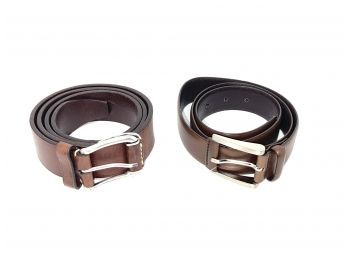 MENS LOT OF 2 BRAND NEW THICK RUGGED RICH BROWN MADE IN ITALY BRASS BUCKLE BELTS