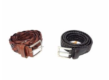 MENS LOT OF 2 BRAND NEW BASKETWEAVE BLACK LEATHER &  BROWN LEATHER & FABRIC MADE IN ITALY BELTS SIZE 36