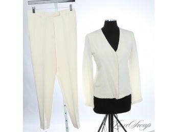 WINTER WHITES : EMPORIO ARMANI MADE IN ITALY IVORY DRAPED CREPE COLLARLESS 2 PIECE PANT SUIT 42