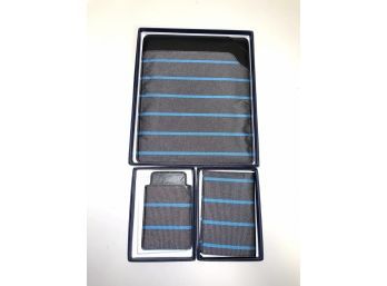 GIFT PACK BRAND NEW EMME MADE IN ITALY LEATHER & SILK  BLUE VARSITY STRIPE IPAD COVER, PHONE COVER & WALLET