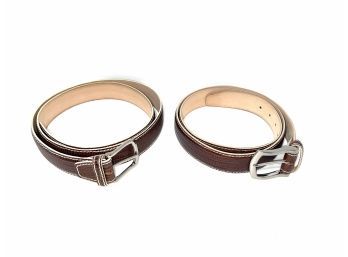 MENS LOT OF 2 EMBOSSED LIZARD PRINT LEATHER BROWN MADE IN ITALY BRASS BUCKLE GENUINE LEATHER BELTS