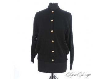 NEAR MINT AND TIMELESS BURBERRY MADE IN SCOTLAND NEW ZEALAND MERINO BLACK CARDIGAN W/GOLD BUTTONS 44