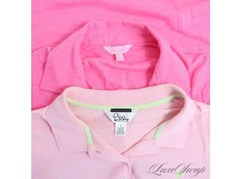 LOT X2 NEAR MINT LILLY PULITZER PALE PINK PIQUE AND BRIGHT HOT PINK SLUBBY PALM TREE LOGO POLO SHIRTS L
