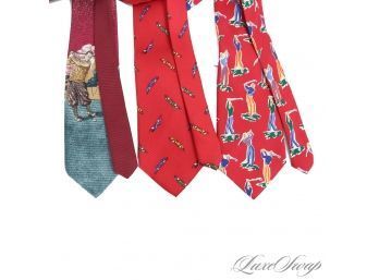 LOT OF 3 COLLECTIBLE VINTAGE POLO RALPH LAUREN MENS HAND MADE SILK TIES WITH SPORTSMAN AND CAR MOTIFS
