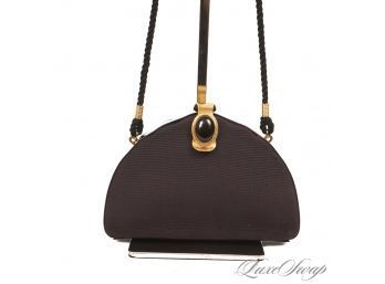 PURE ELEGANCE VICTOR COSTA BLACK GROSGRAIN FAILLE EVENING BAG WITH GOLD AND LACQUER TRIM AND CORDED STRAP