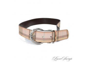 THE ONE EVERYONE WANTS! LIKE NEW AUTHENTIC BURBERRY RECENT MADE IN ITALY ADJUSTABLE LENGTH TAN TARTAN BELT