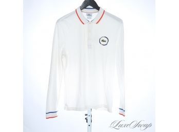 RECENT AND NEAR MINT MENS LACOSTE WHITE LONG SLEEVE ORANGE BLUE PIPED TRIM MESH PIQUE POLO SHIRT 3