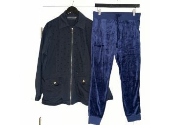 LOT OF 2 WOMENS BLACK AND BLUE ZIP TRACK JACKET & CRUSHED VELVET AMBIANCE DRAWSTRING LOUNGE PANTS S