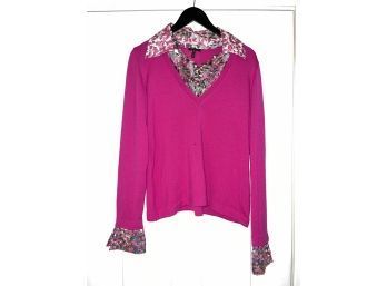 INSANE WOMENS ESCADA MADE IN ITALY PURE WOOL V-NECK HOT PINK SWEATER WITH REMOVABLE PURE SILK RUFFLE ACCENT 40