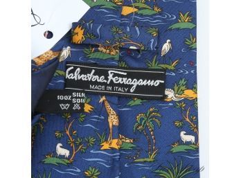 $150 SALVATORE FERRAGAMO MADE IN ITALY MENS ROYAL BLUE SILK NECKTIE WITH GIRAFFES AND ELEPHANTS