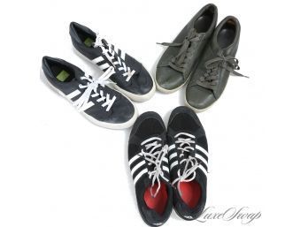 LOT OF 3 MENS SNEAKERS BY ADIDAS AND PUMA IN BLACK AND GREEN LEATHER AND FABRIC INCLUDING CLYDE 10.5, 11, 11.5