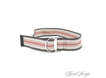 LIKE NEW AND SUPER RECENT BURBERRY LONDON MAINLINE TAN/BLACK/RED MULTI STRIPE RIBBON WIDE RING BELT WOMENS 3