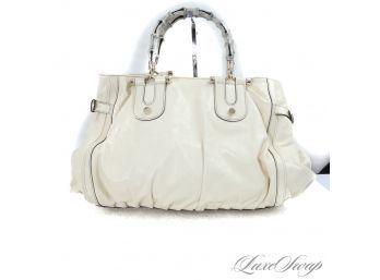 MOST WANTED AUTHENTIC GUCCI MADE IN ITALLY DIALUX POP WINTER WHITE BAMBOO HANDLE X-LARGE SATCHEL BAG