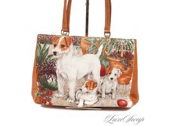 HIGHLY COLLECTIBLE ISABELLE FIORE LARGE SIZE EMBROIDERED SEQUIN AND BEAD TOTE BAG WITH THREE DOGS