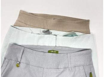 WFH READY!! WOMENS LOT OF 3 GREY, TEAL, & BROWN ELASTIC WAIST PANTS FROM AMICI USA MADE (!!) & SWING SIZE 12/L